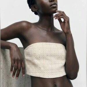 Zara Tweed Metallic Sequin Tube Top Cream Gold Evening Classic Glam Strapless- M